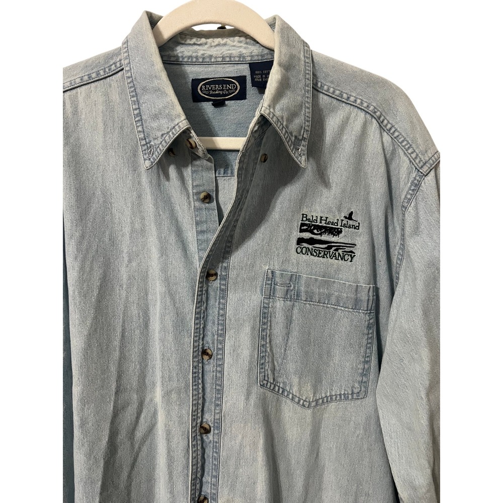 Rivers End Bald Head Island Denim Shirt Mens Size M Blue Long Sleeve Cotton Y2K